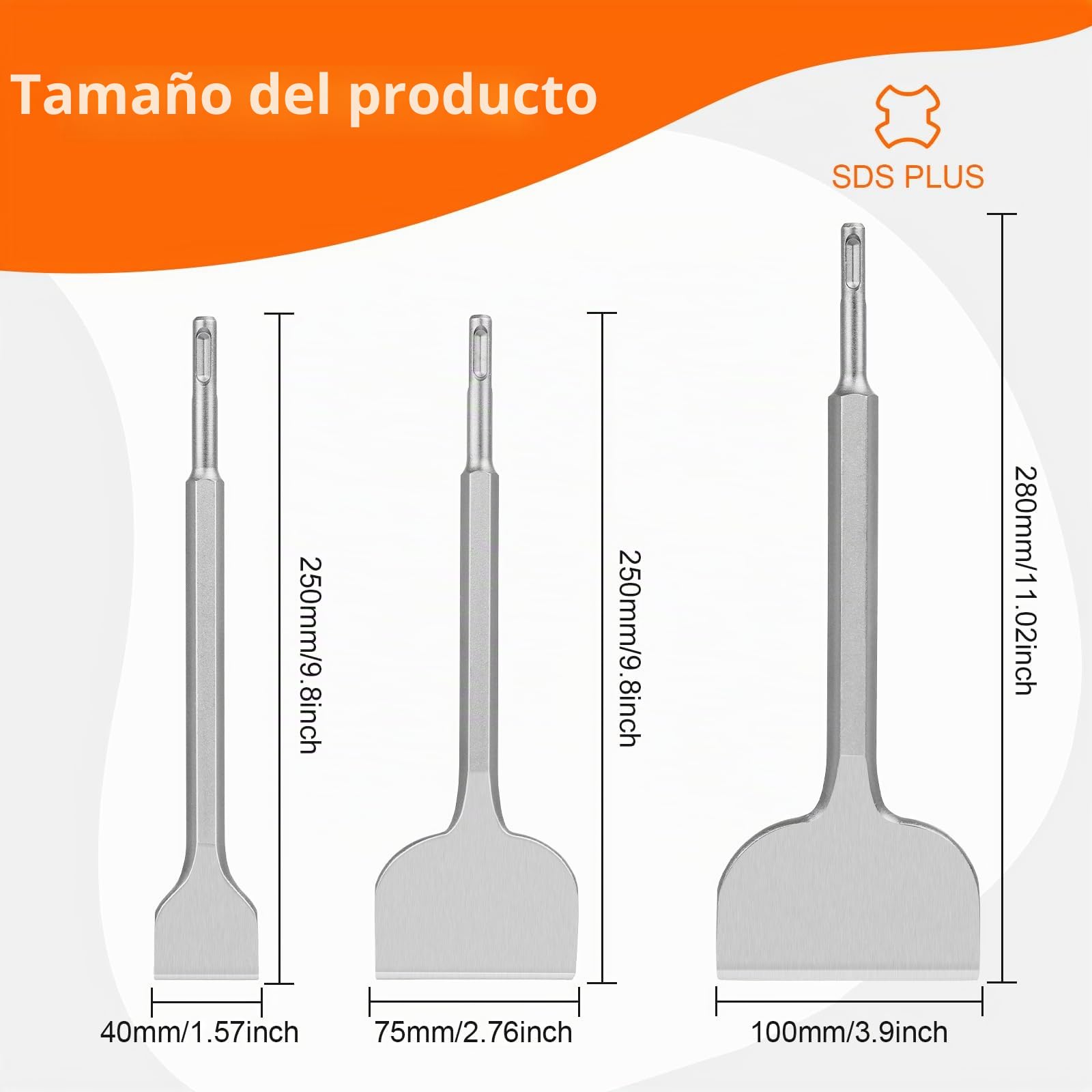 Cincel SDS Plus -3 piezas 100 mm + 75 mm + 40 mm, cincel SDS Plus para quitar azulejos, adhesivo para azulejos, hormigón, piedra natural, mampostería, etc. - Cincel para azulejos premium