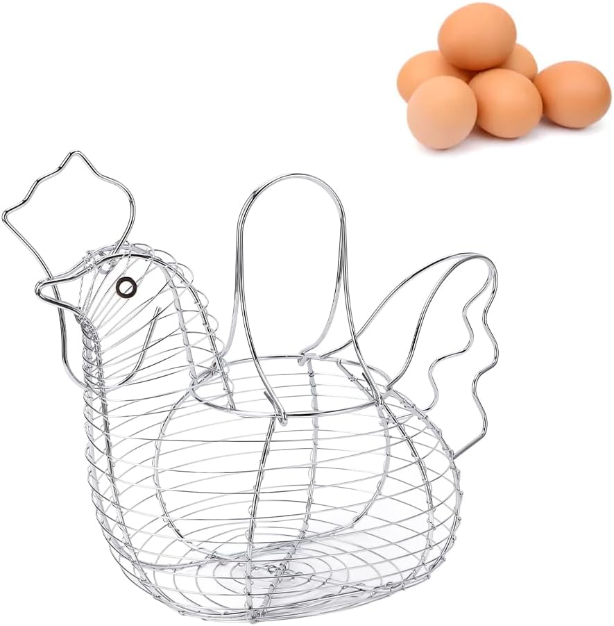 Chicken Egg Basket,Chicken Hen Shaped Wire Egg Storage Basket Holder Rack,Wire Egg Collecting Basket with Handle,Metal Table Top Snacks Organizer Kitchen Gadget (As Shown)
