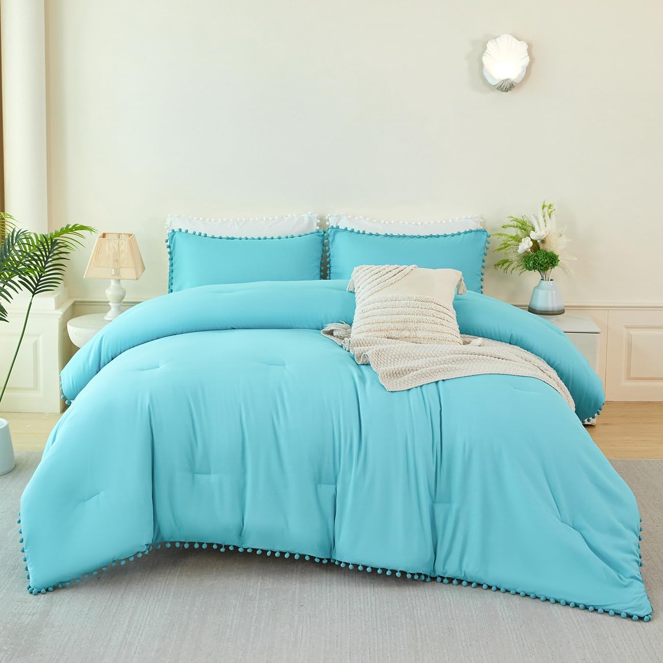 PERFEMET 5 Pcs Teal Blue Girls Bedding Set Queen Size Boho Pom Pom Cute Bedding Comforters for Kids Soft Fluffy Down Alternative Solid Bed in A Bag with Sheet Set(Teal Blue, Queen) - Image 2