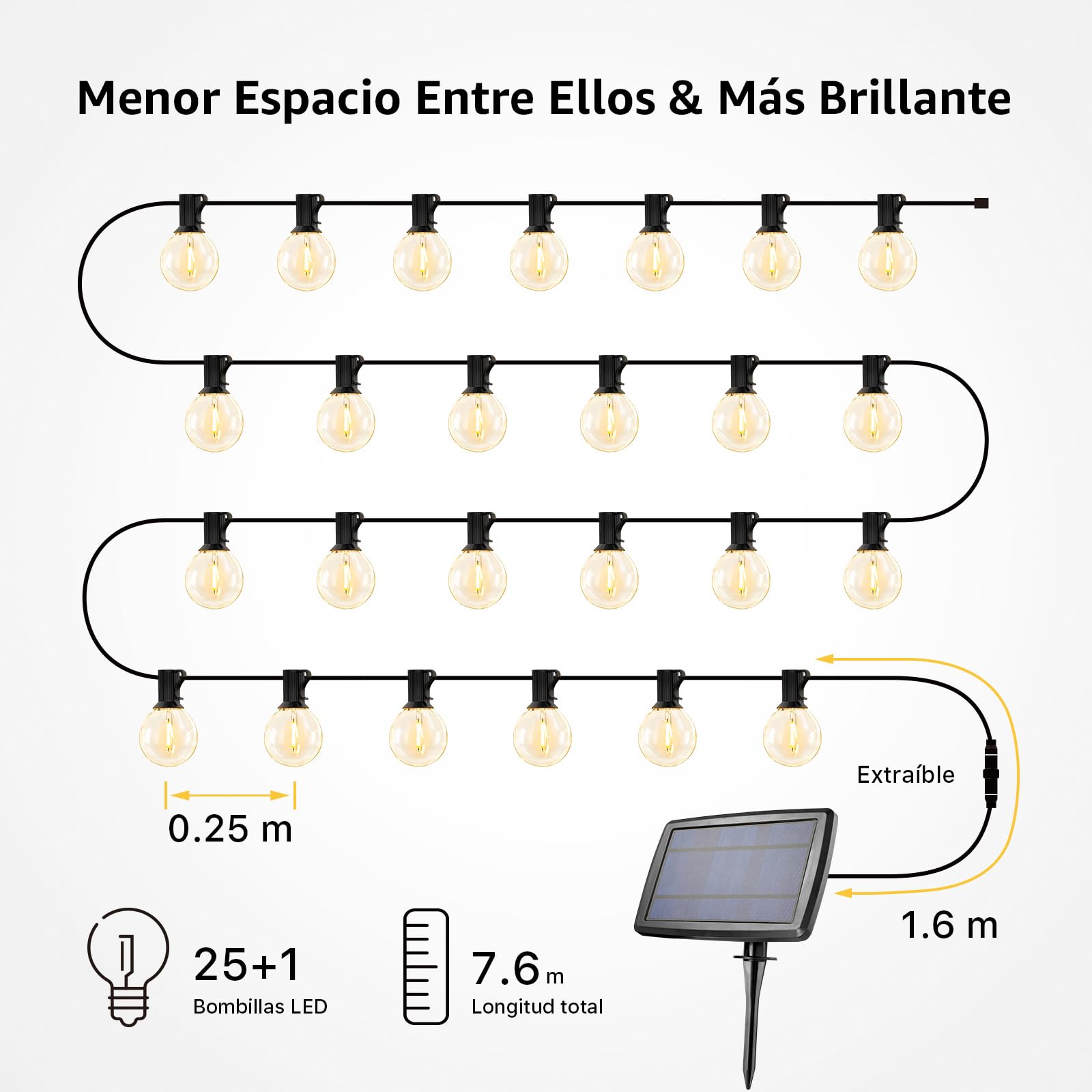 Lepro Guirnaldas Luces Exteriores Solar USB, 25+1 LEDs Bombillas G40, 7.62m | Cadena de Luz Solar, 4 Modo 2700K Guirnaldas Luminosas, IP65 Impermeable Decorativas para Jardín, Terraza, Patio, Fiesta