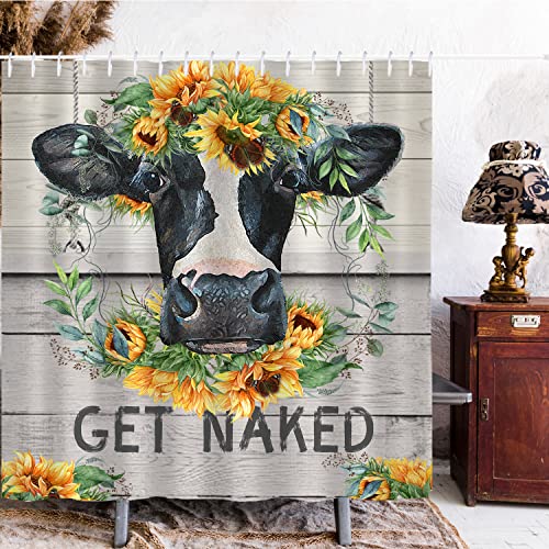 Cow Shower Curtain Get Naked Shower Curtains For Bathroom, Farmhouse Sunflower Cow Print Shower Curtain 72''X72'' With Hooks Funny Rustic Bathroom Decor Bath Curtain Waterproof Polyester (Sunflower) #TOP7
