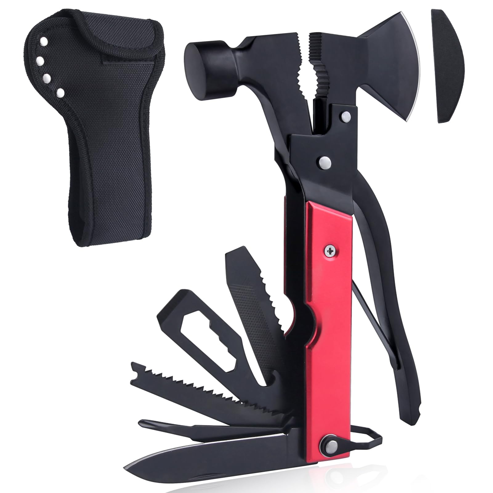 LEONTOOL 15 in 1 Multitool Axe Hatchet Camping Accessories Survival Gear Camping Tool with Axe, Hammer, Plier, Knife, Bottle Opener, Screwdriver, Multi Tool with Sheath for Camping Hiking Survival