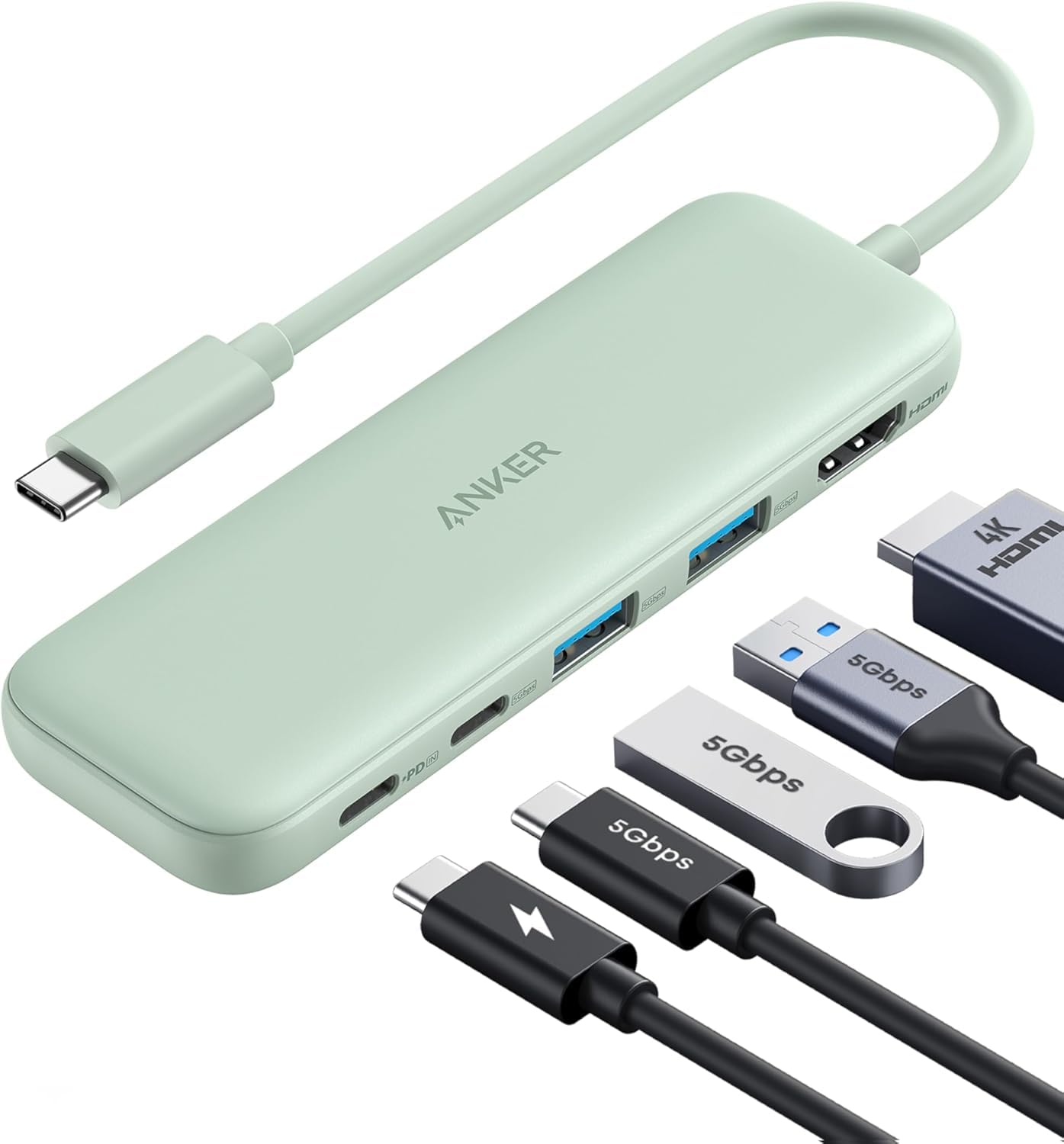 Anker USB C Hub, 5-in-1 USBC to HDMI Splitter with 4K Display, 1 x Powered USB-C 5Gbps & 2×Powered USB-A 3.0 5Gbps Data Ports for MacBook Pro, MacBook Air, Dell and More (Green)