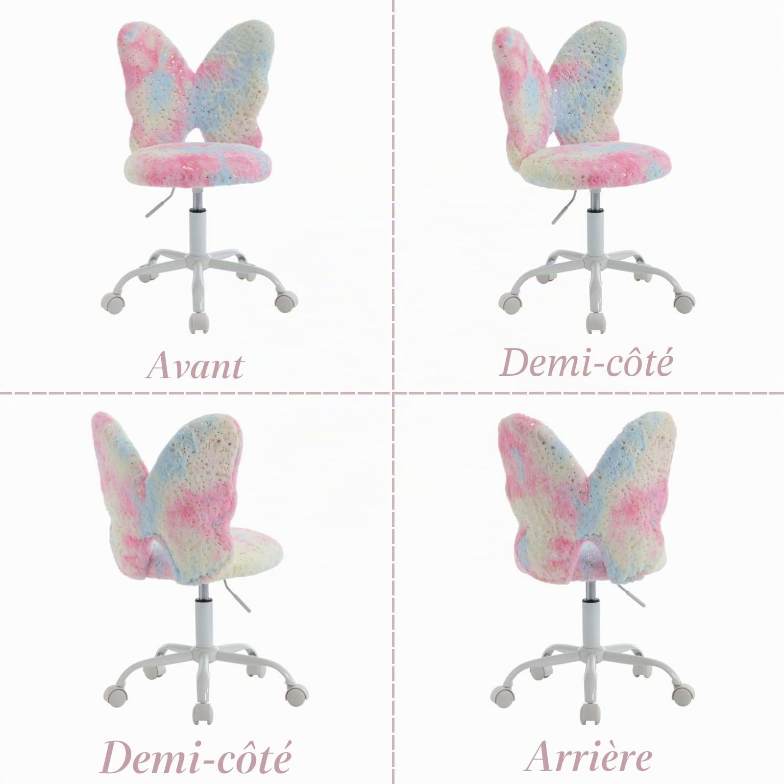 Ya-Home Enfant Fauteuil Pivotante de Bureau Chaise Bureau Fille Papillon, Chaise Enfant Bureau Fille en Fausse Fourrure avec roulettes, Rose