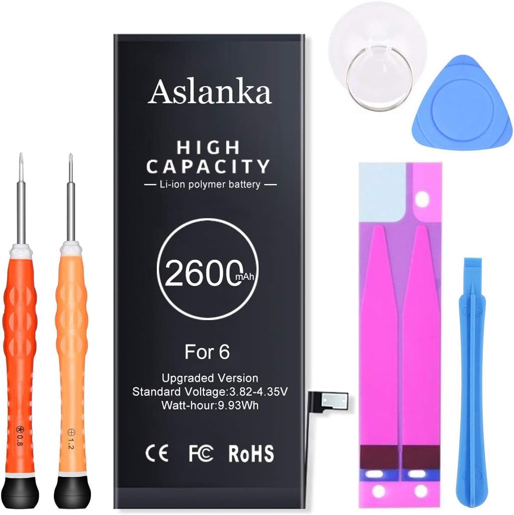 Aslanka Battery for iPhone 6, New Upgraded 2600mAh Super High Capacity Battery Replacement Kit, with Complete Repair Tools and Instructions- 1 Year Warranty
