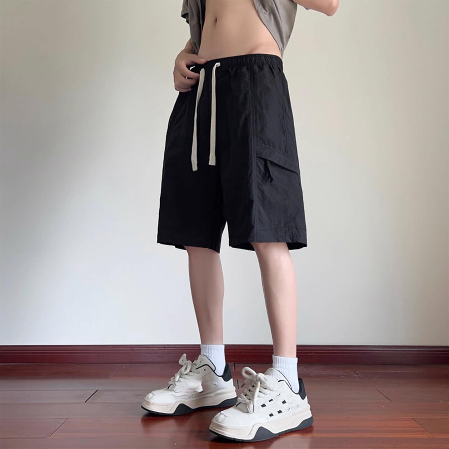 Men's Shorts Ice Silk Workwear Summer Loose Fit Straight Leg Casual American Style Shorts for Men-Black-Medium