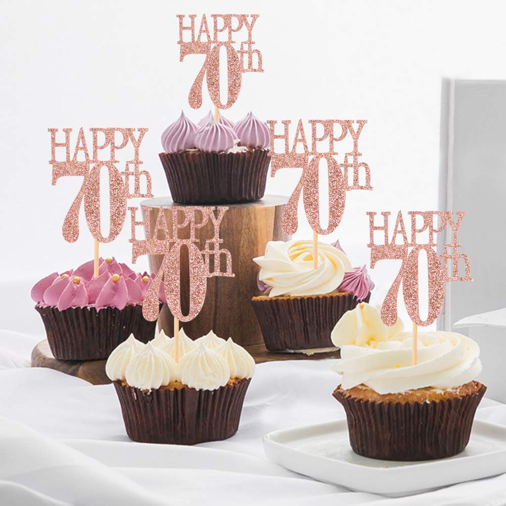 Kuchendekoration Zum 70. Geburtstag – 12 Goldglitzernde Cupcake-Topper Mit Sprüchen Wie 'Cheers To 70'