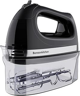 Bonsenkitchen Batteur à Main Electrique, Acier Inoxydable Mélangeur de Cuisine 300W, 5 Vitesses avec Turbo, 2 Crochets Pétrisseurs, 2 Fouets et un Etui de Rangement, Sans BPA
