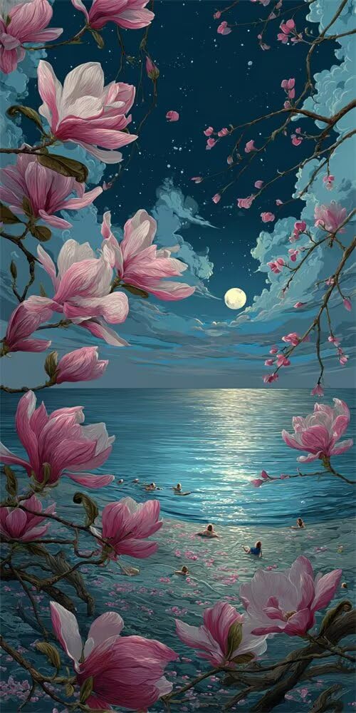 Diamond Painting Kits for Adults, 5D Diamond Art Magnolia 100x200cm, DIY Large Full Moon Sea Dimond Art kits Adults, Full Square Drill Crystal Rhinestone Embroidery Canvas for Home Wall Decor (SQ896)