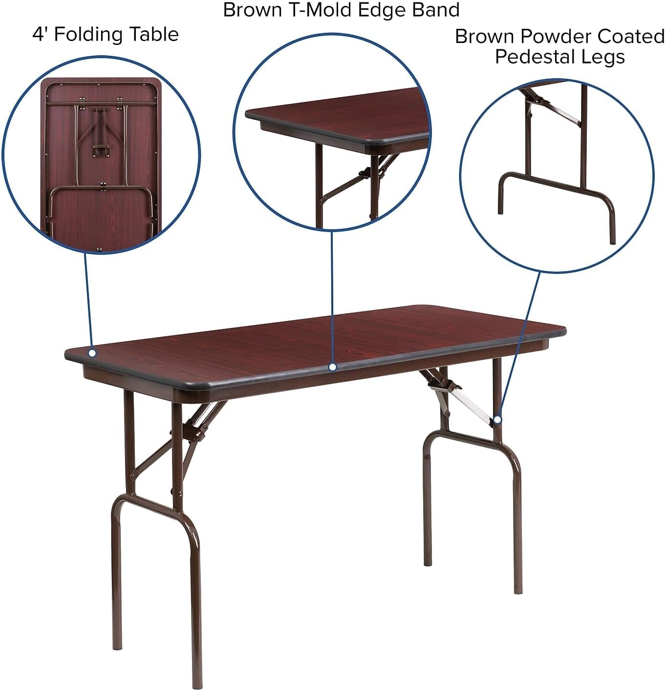 BOWERY HILL Rectangular Folding Table, 24" x 48", Mahogany Finish, Durable Melamine Laminate Top, Brown T-Mold Edge, Steel Legs, Commercial Grade, Portable Table for Banquet, Cafeteria, Home or