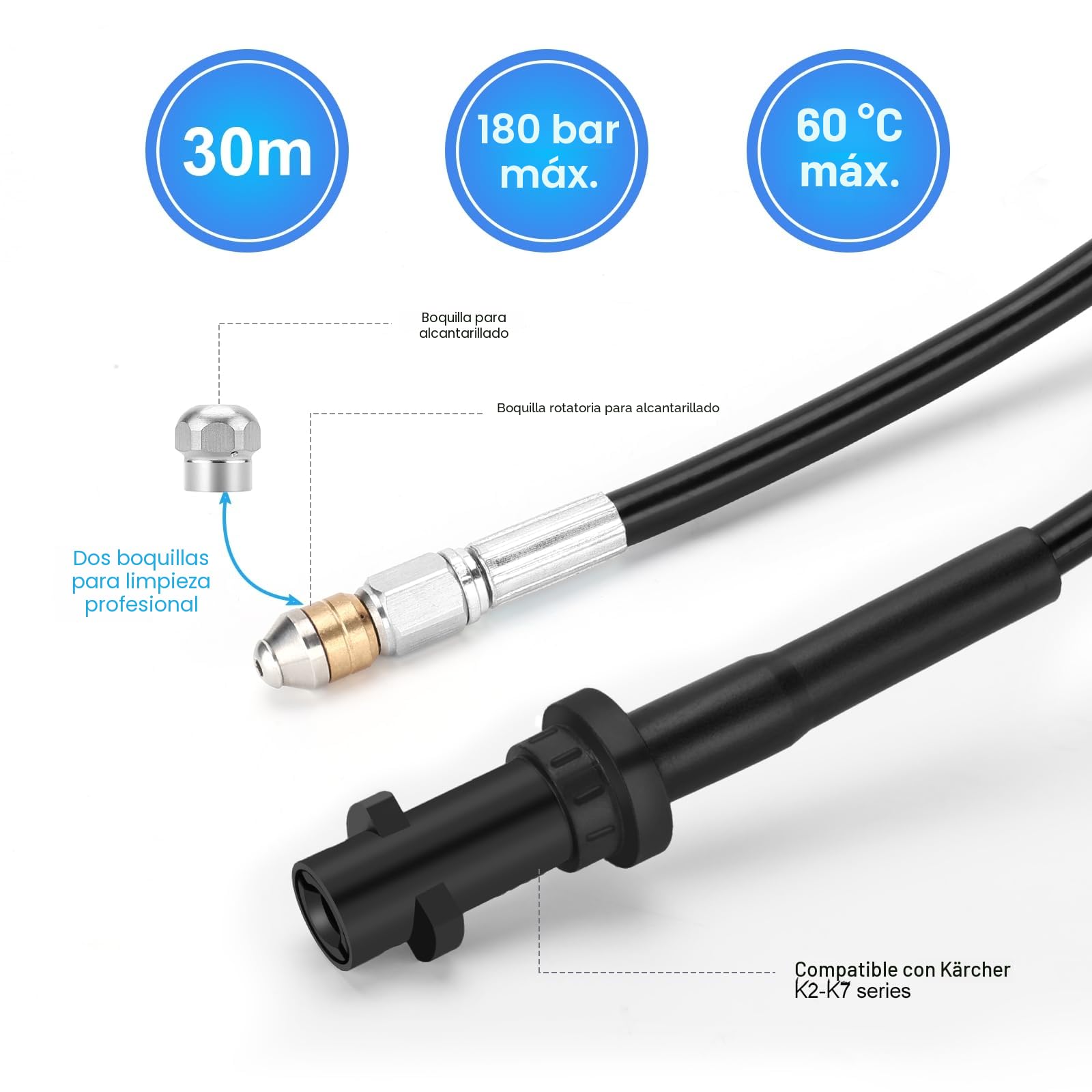 30M Kit de Manguera para Limpiar Tuberías, WADEO Manguera de limpieza de alta presión 200bar 60°C, Juego premium de limpiatubos para Kärcher K-Series (K1-K7), Lavor y Bosch, con adaptador y boquillas