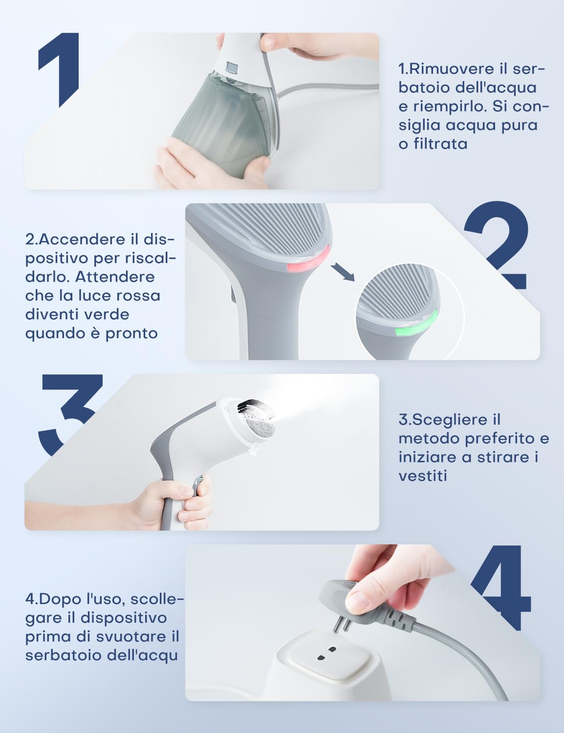 QEXREED Ferro da Stiro Verticale, 1300W, Serbatoio Grande da 260ml, Ferro da Stiro e Vapore, 2 Impostazioni di Vapore, Rimuovi Pieghe Dai Tessuti, Dimensioni Compatte per i Viaggi, per Casa e Ufficio