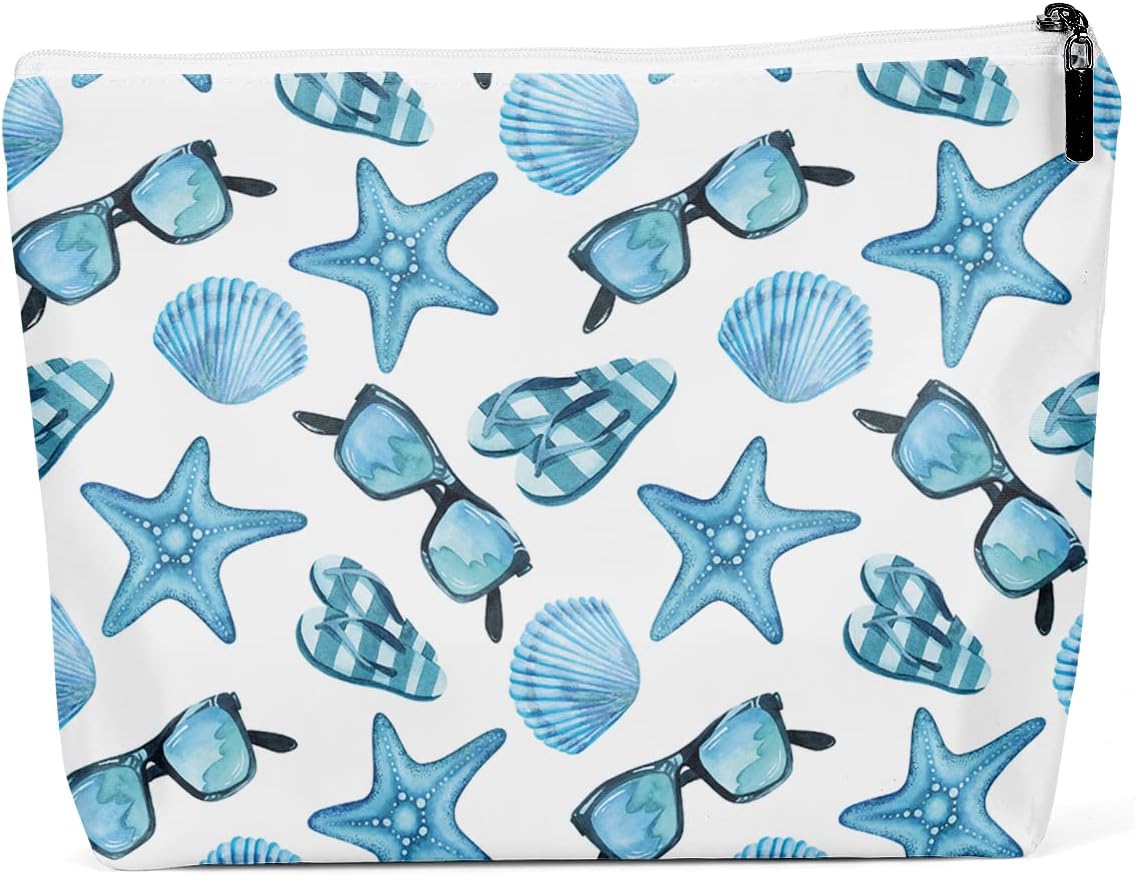 Waterproof Makeup Bag Cosmetic Travel Bag Toiletry Bag for Women Beach Bag Beach Gifts Starfish Whale Shell Decor Ocean Sea Animals Print Birthday Gift Ideas for Women Best Friends