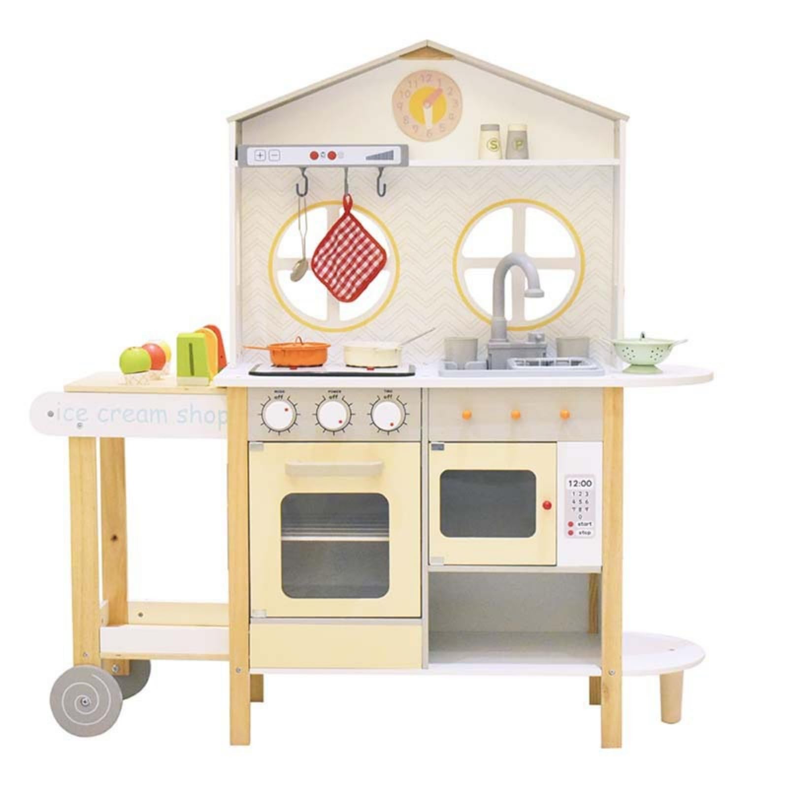 Cocina de Juguete Infantil de Madera Juego de Cocina Fregadero Placa Horno con Juego Completo de Accesorios Estantes Abiertos y Panel Trasero