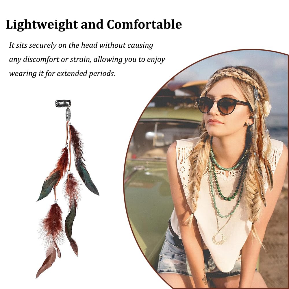 Oenothera 6 Pieces 3 Feather Hair Clips, Indian Feather Headband, Hippie Boho Headpiece for Women and Girls - Image 3