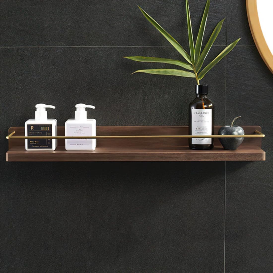 Crysellewoods Bathroom Shelves, Walnut Brass Wall Mounted Storage Floating Shelves, Bathroom, Kitchen (40Cm)-image-49