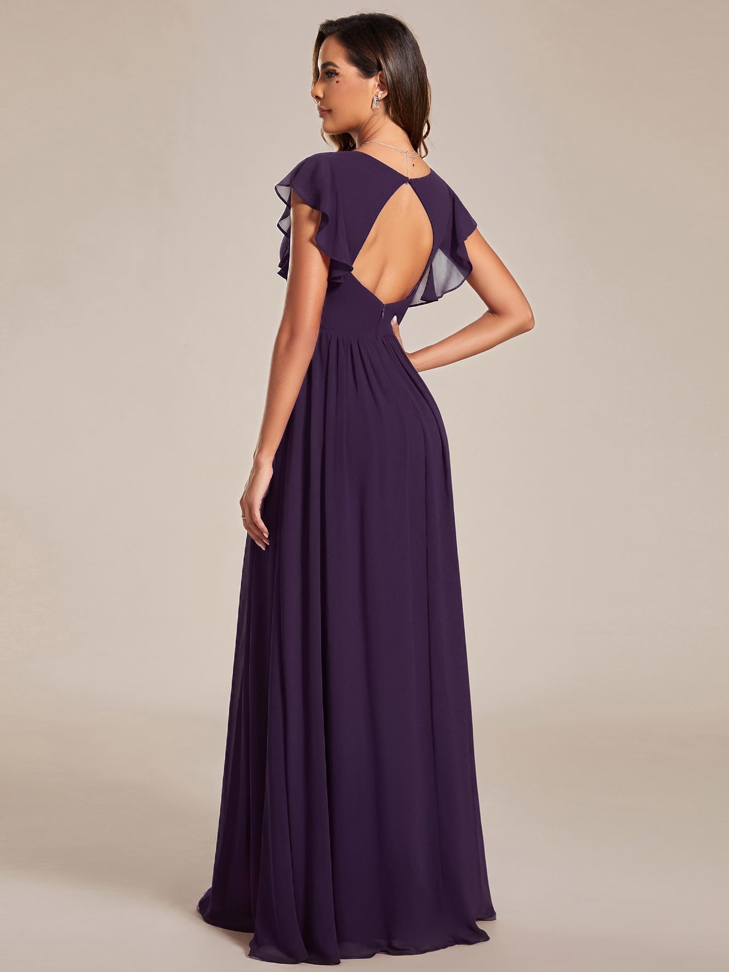 Ever-Pretty Robe de Soirée Dos Nu pour Femme Manches Volantées Mousseline Col V Plissé Robe de Demoiselle d'honneur Longue Élégante ES01818