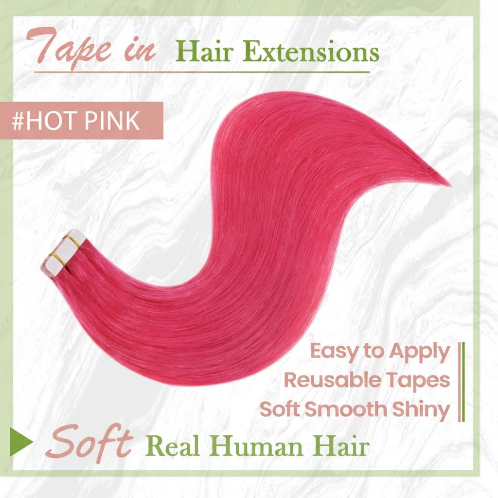 RUNATURE Tape in Hair Extensions Real Human Hair 22 Inch HotPink Tape Extensions Human Hair HotPink Colored Tape Extensions 25 Gram - Image 3