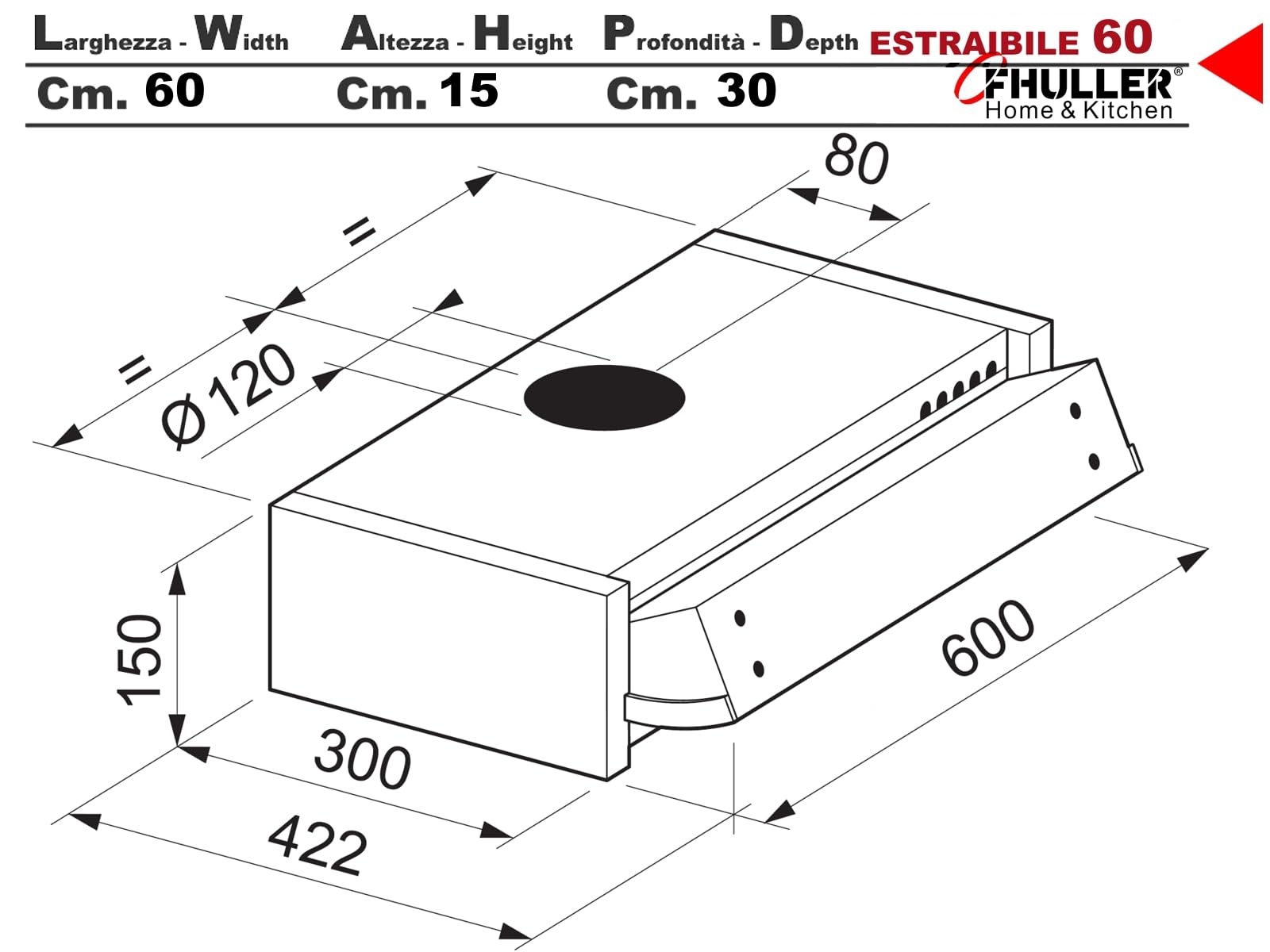 Cappa ESTRAIBILE Gruppo Incasso 60 Sottopensile Tecnowind K104R0076 Motore 220 m³/h Classe D SENZA FRONTALINO Illuminazione a LED 2,5 E14 Comando Meccanico Filtro Acrilico