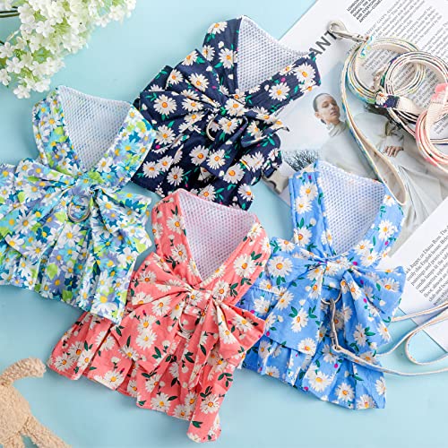 Sanwuta 4 Pack Dog Dress Harness Dog Dress Bowknot Harness Leash Set Floral Princess Dog Harness Dress Dog Dress Harness Vest With Leash Pet Doggy Outfits For Outdoor Walking, 4 Colors (Small) #TOP3
