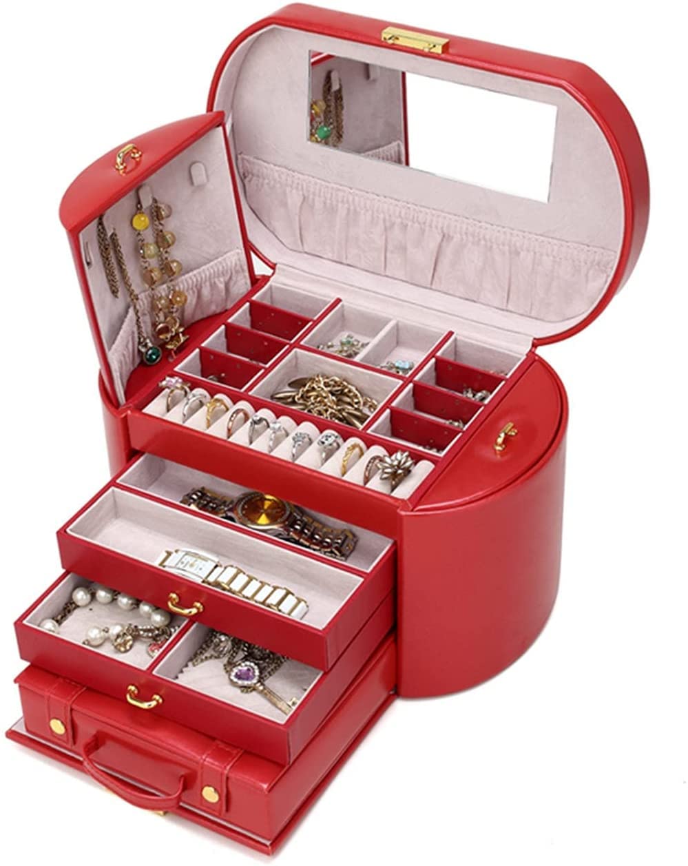 Aufbewahrungsbox Schmuckschatulle Schmuck-Organizer PU-Leder 4 Schichten Doppelseitige Schubladen verspiegelt mit tragbarer Kleiner Box Schmuckaufbewahrung Uhren-Organizer