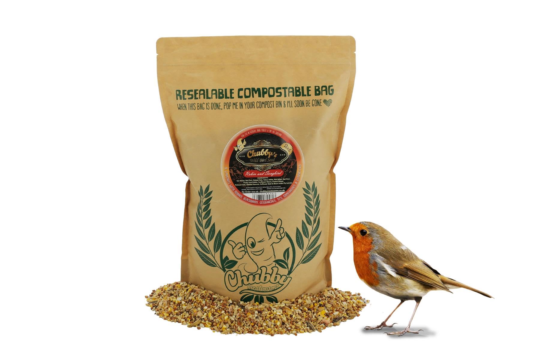 Chubby Robin & Songbird Wild Bird Seed Mix Robin Feed 2kg, For Wild Birds, Protein Rich, Sunflower, Peanuts, Suet pellets, Black Soldier Fly Mix High Energy Food for Wild Birds