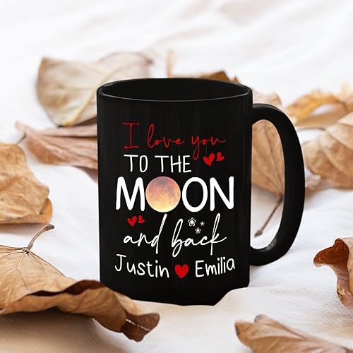 Miniatura 3 de Taza de café negra personalizada para parejas, 11 onzas, 15 onzas, taza con texto en inglés "I Love You to the Moon and Back", tazas de café
