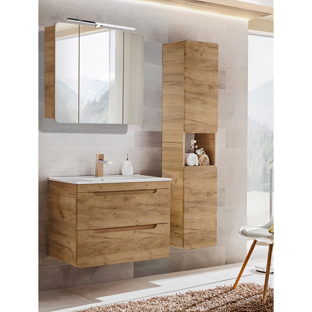 Lomadox Badezimmermöbel Komplett Set Eiche 81 cm Waschtisch, LED-Spiegelschrank, Hochschrank