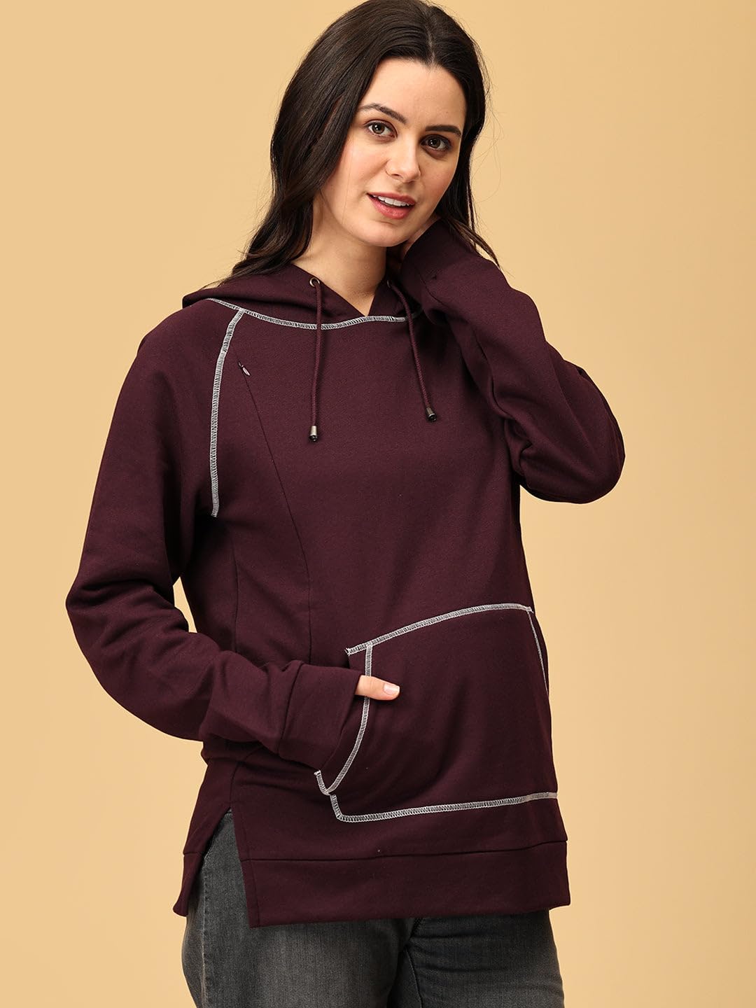 The Mom Store Women's Cotton Maternity and Nursing Hoodie | Breastfeeding Pre and Post Pregnancy Hooded Sweatshirt | Wine | L 1