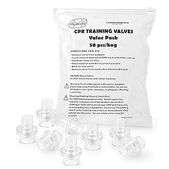 50 Pack CPR Training Valves Disposable One-Way Replacement Valves with Filter Individually Wrapped Fits All Adult, Child & Infant CPR Masks