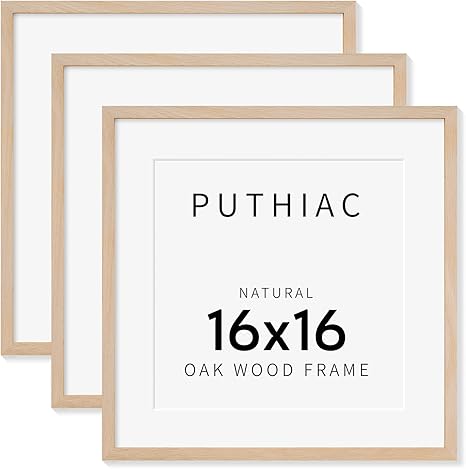 puthiac 16x16 Picture Frames for Wall - Minimalist 16x16 Oak Wood Frames, 16"x16" Picture Frame Wood, Natural Solid Wooden Picture Frames for Wall Art Photo and Prints(3 Pack, Beige)