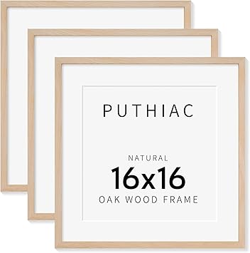 puthiac 16x16 Picture Frames for Wall - Minimalist 16x16 Oak Wood Frames, 16"x16" Picture Frame Wood, Natural Solid Wooden Picture Frames for Wall Art Photo and Prints(3 Pack, Beige)