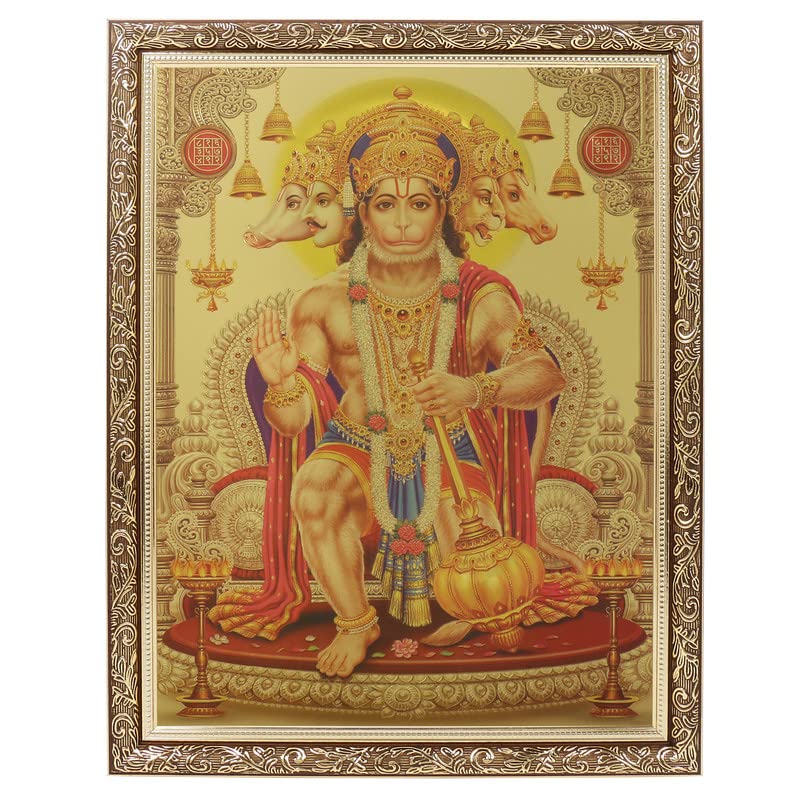 Photo d'art Panchmukhi Hanuman grand format 35x45 cm cadre cuivre doré