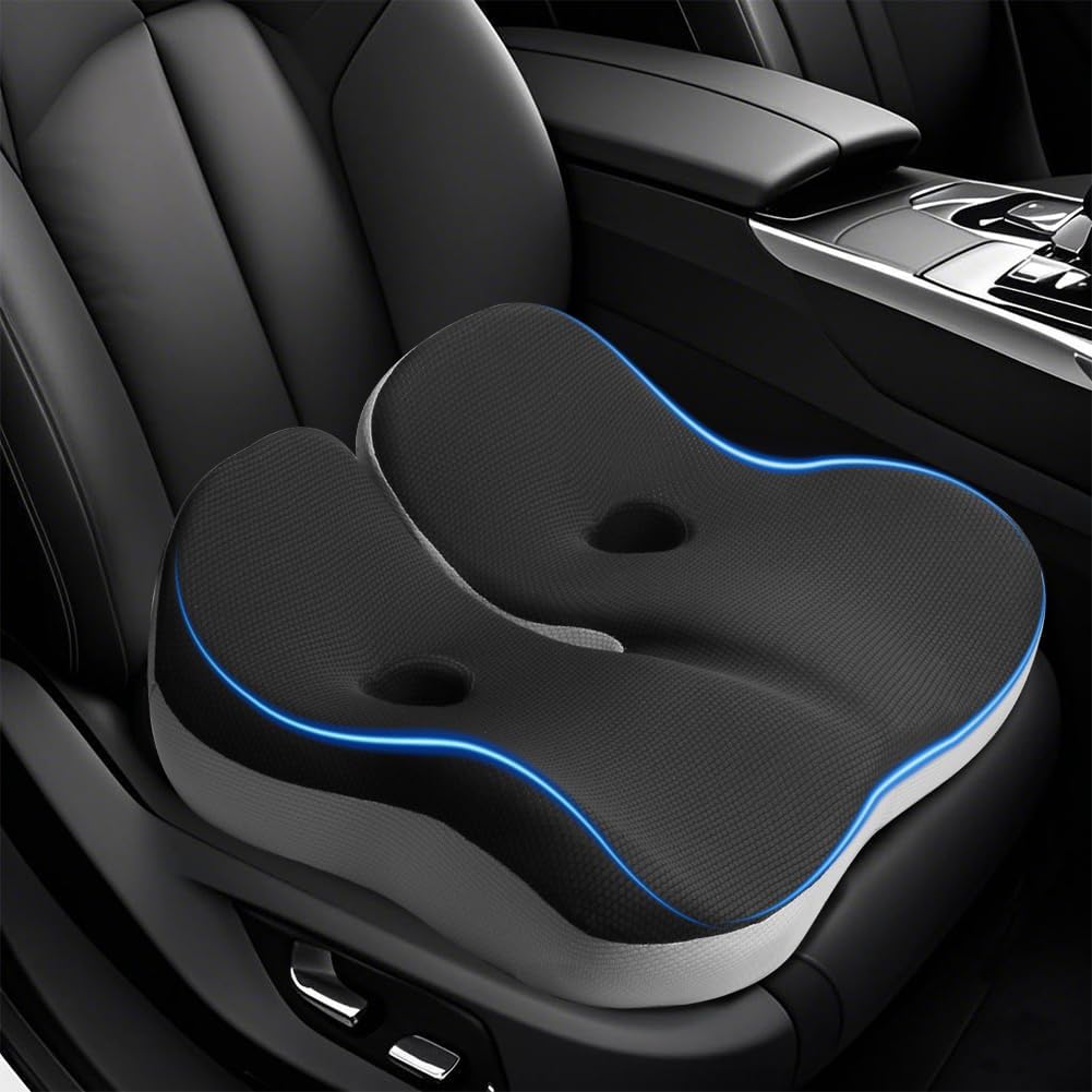 Seat Cushions,Comfort Memory Foam Cushion for Office Chair,Car Seat, Donut Cushion for Coccyx,Tailbone Pain Relief,Larger Size for Short Drivers,Long Sitting Office Workers (Balck&White)