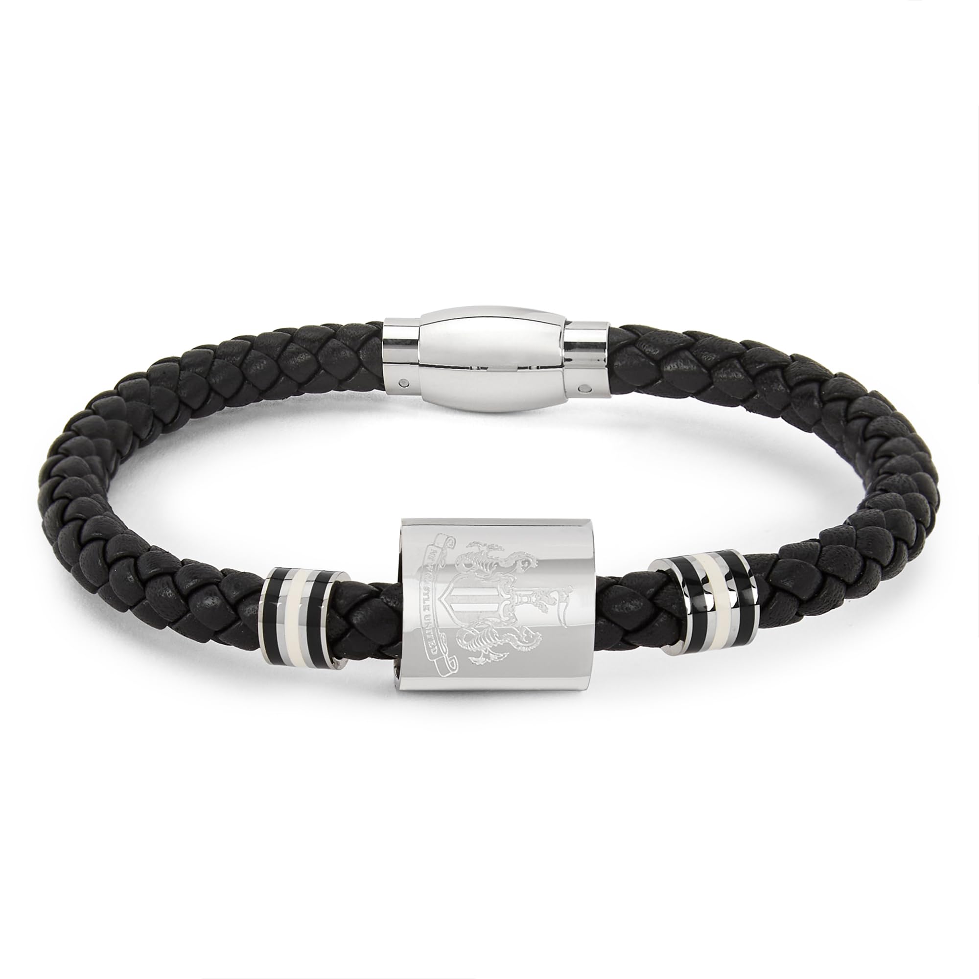Official Club Merchandise Newcastle United FC Bracelet, Stainless Steel and Leather with Coloured Rings, Official NUFC Gift