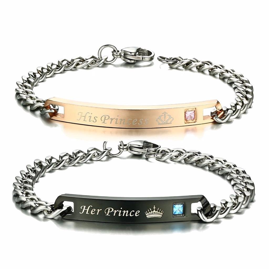 His Hers Matching Set Titanium Stainless Steel His Queen Her King Couple Bracelet 2 pcs with Gift Bag