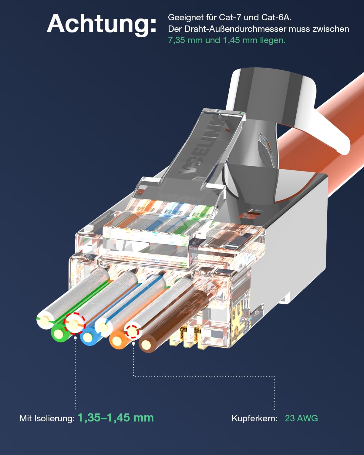 VCELINK Netzwerk Werkzeug Set mit RJ45 Crimpzange, 20 x RJ45 Stecker Cat7/Cat6a, Netzwerktester, LSA Werkzeug, Abisolierzange, Stofftasche und 20 Stück 10Gbps RJ45 Stecker Cat7/Cat6A mit Einfädelhilfe