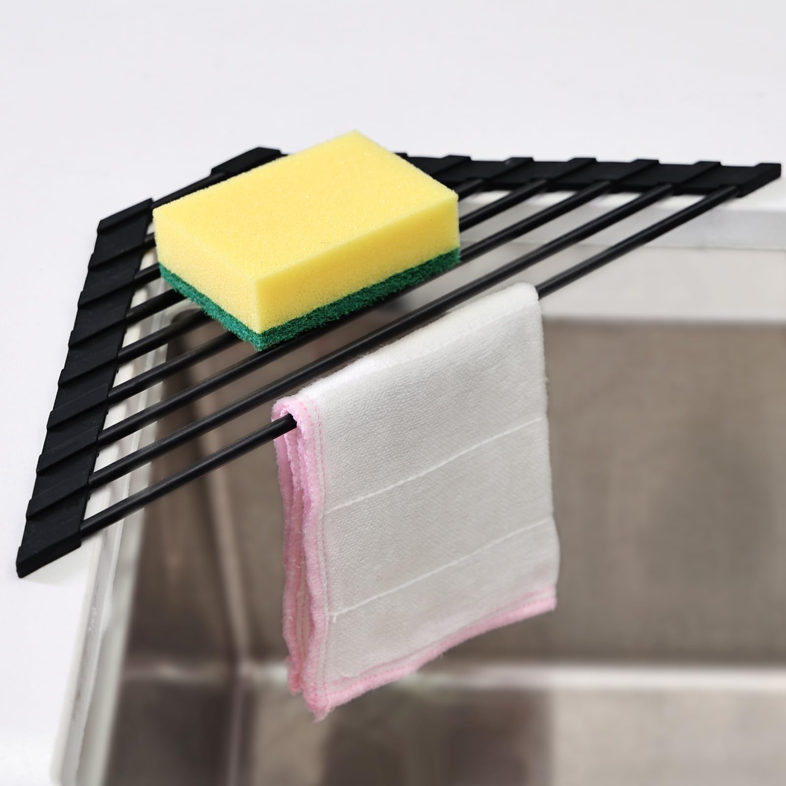 KitchenRaku Dreieckiges Abtropfgestell Geschirr | Faltbare Matte für das Waschbecken in der Küche | 304 Edelstahl/Silikon | Als Abtropf für die Küchenspüle