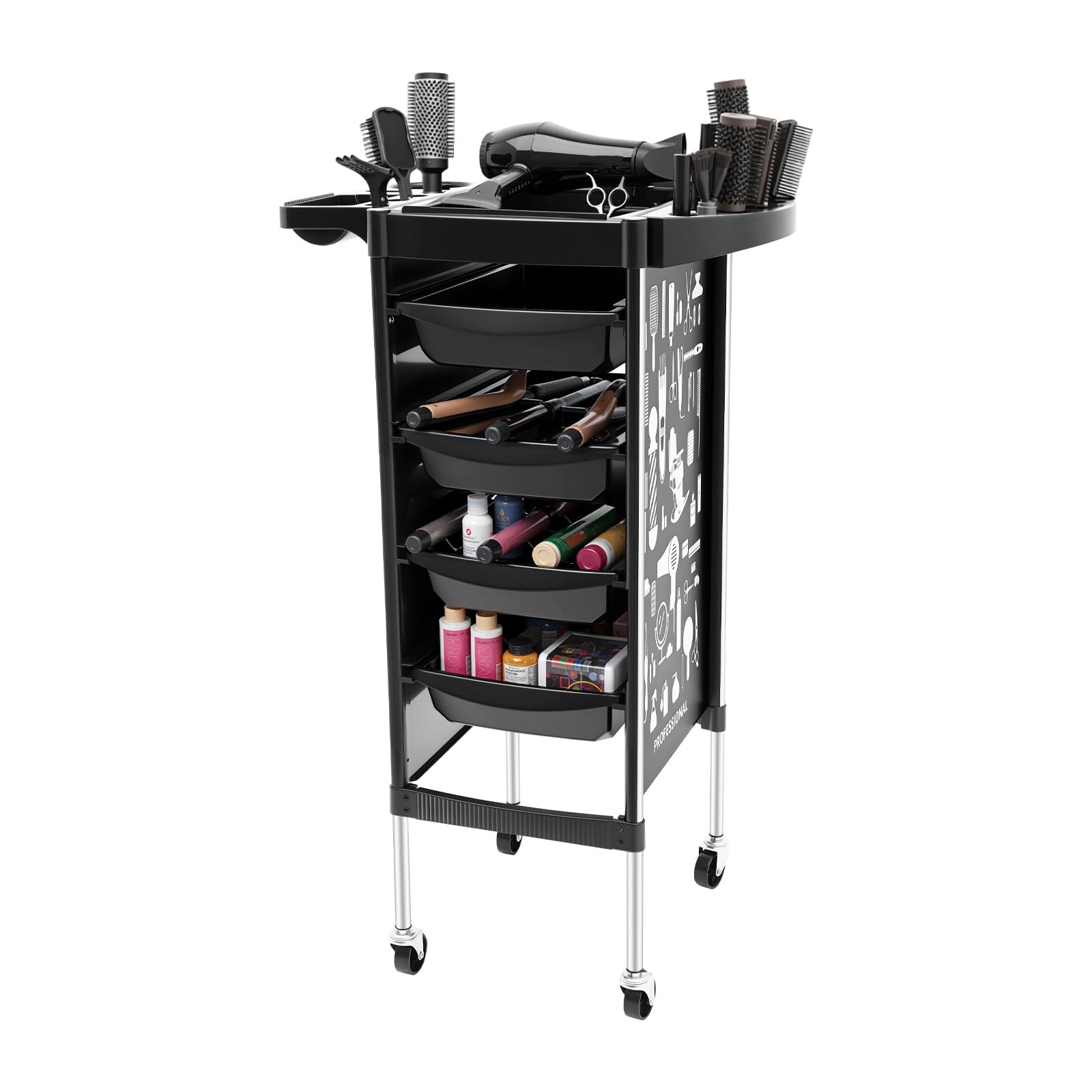 Carrito de peluquería con 4 cajones y ruedas, soporte para secador de pelo extensible, carrito multifunción para salones, spas y tiendas de peluquería