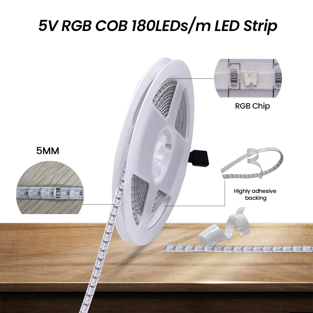 KISUFU Tiras LED COB USB 5V, RGB 180 LED/M dimmer USB light kit bluetooth app controlador de voz RGB iluminación casera fiesta casera DIY,5M