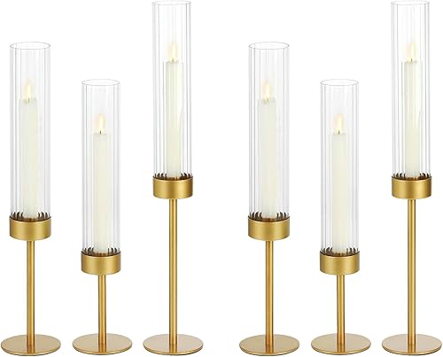 Juego de portavelas de cristal con forma de huracán (6 piezas) - Base de metal dorado para decoración de candelabros, elegante centro de mesa de