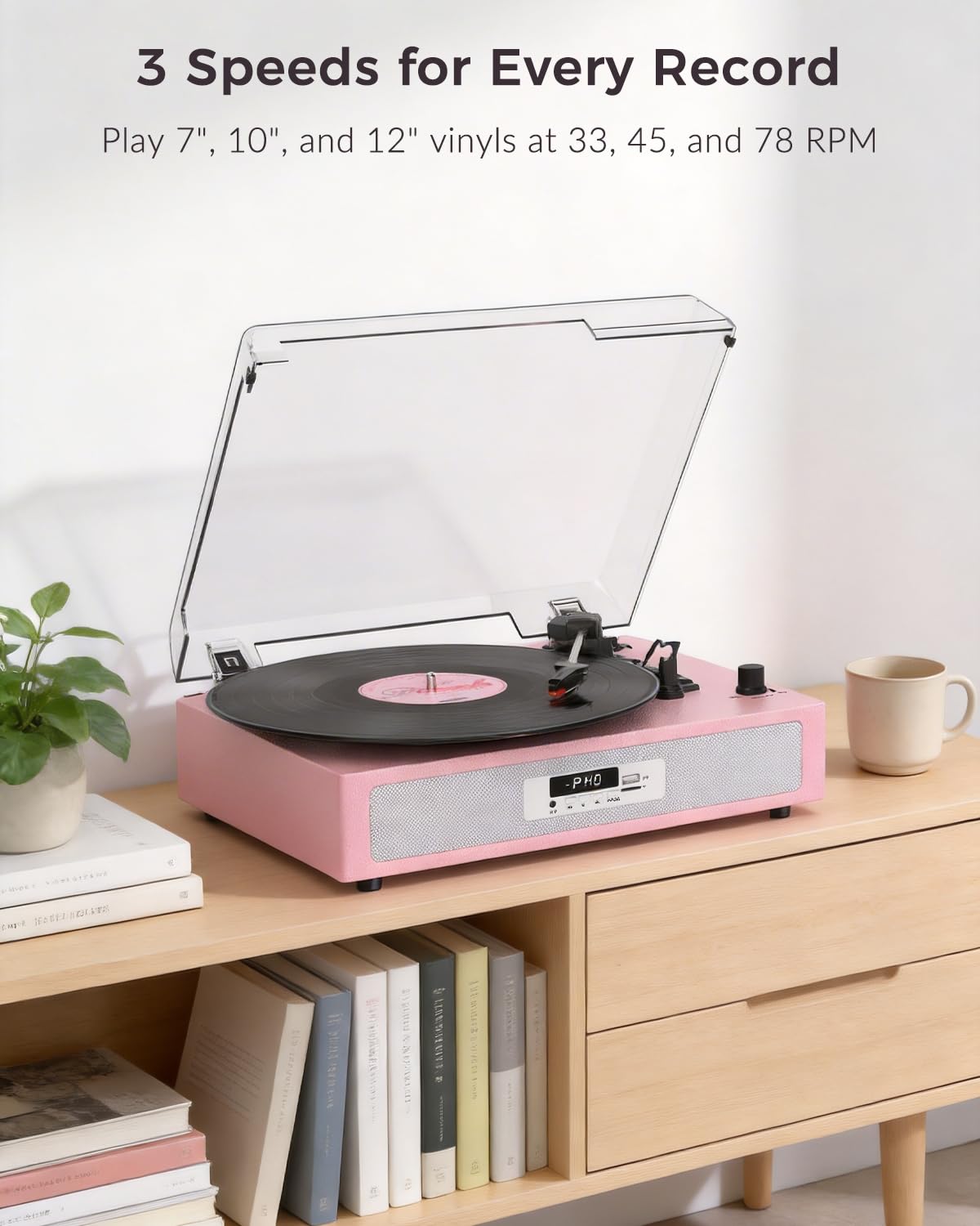Giradischi in vinile con doppio altoparlante stereo integrato, giradischi vintage a 3 velocità, giradischi Bluetooth con modalità audio EQ, registrazione e riproduzione USB/TF, display LED