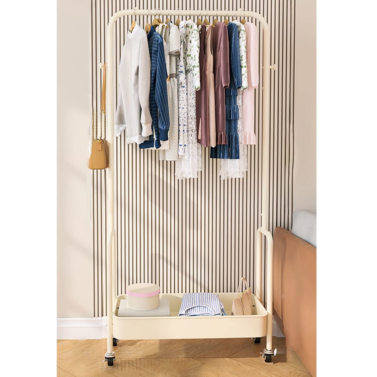 XDLEDMKIZ Stylish 360° Rolling Metal Coat Rack with Basket - Freestanding Clothes Stand for Coats, Shirts, and Skirts - Beige with Shelf for Entryway nization