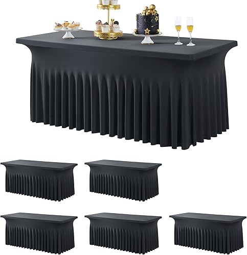 Mantel de elastano negro de 6 pies para mesas rectangulares de 6 pies, paquete de 6 manteles elásticos sin arrugas para fiestas, bodas, cumpleaños,