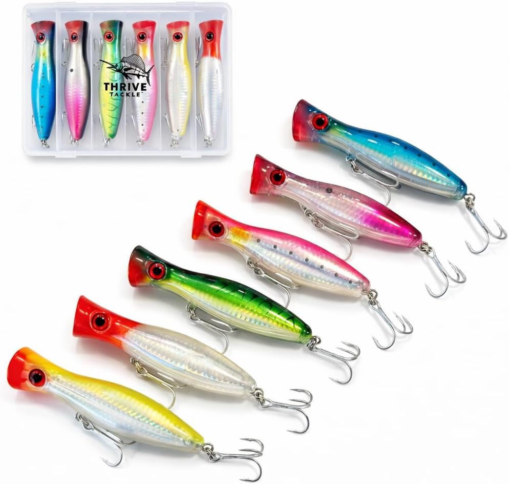 6-Piece Large Topwater Popper Fishing Lures with Tackle Box – Saltwater & Freshwater Surface Poppers for Surf Casting (5in) | Thrive Tackle