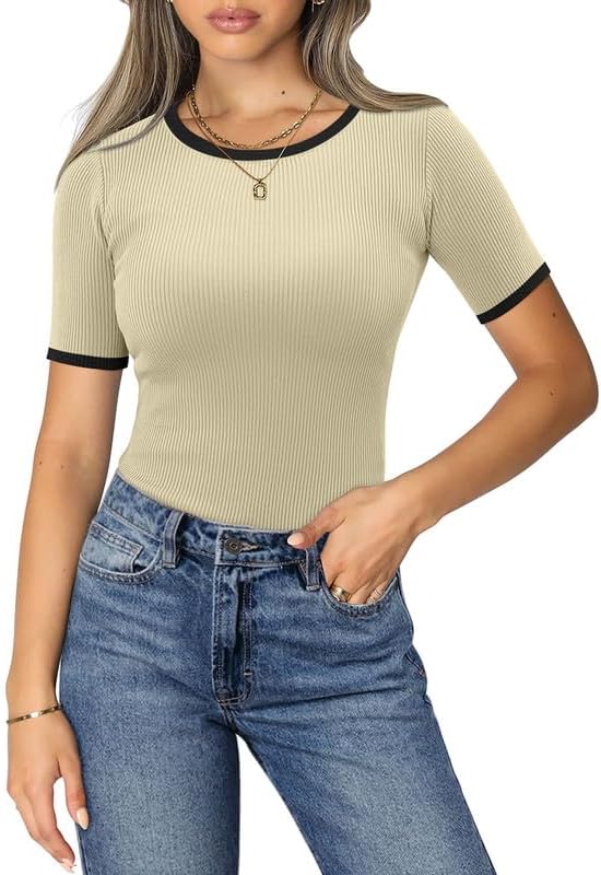 KISSMODA 2024 Women’s Fashion Short Sleeve Crew Neck Ribbed Knit Slim Fit T-Shirt Summer Basic Casual Color Block Tee Tops