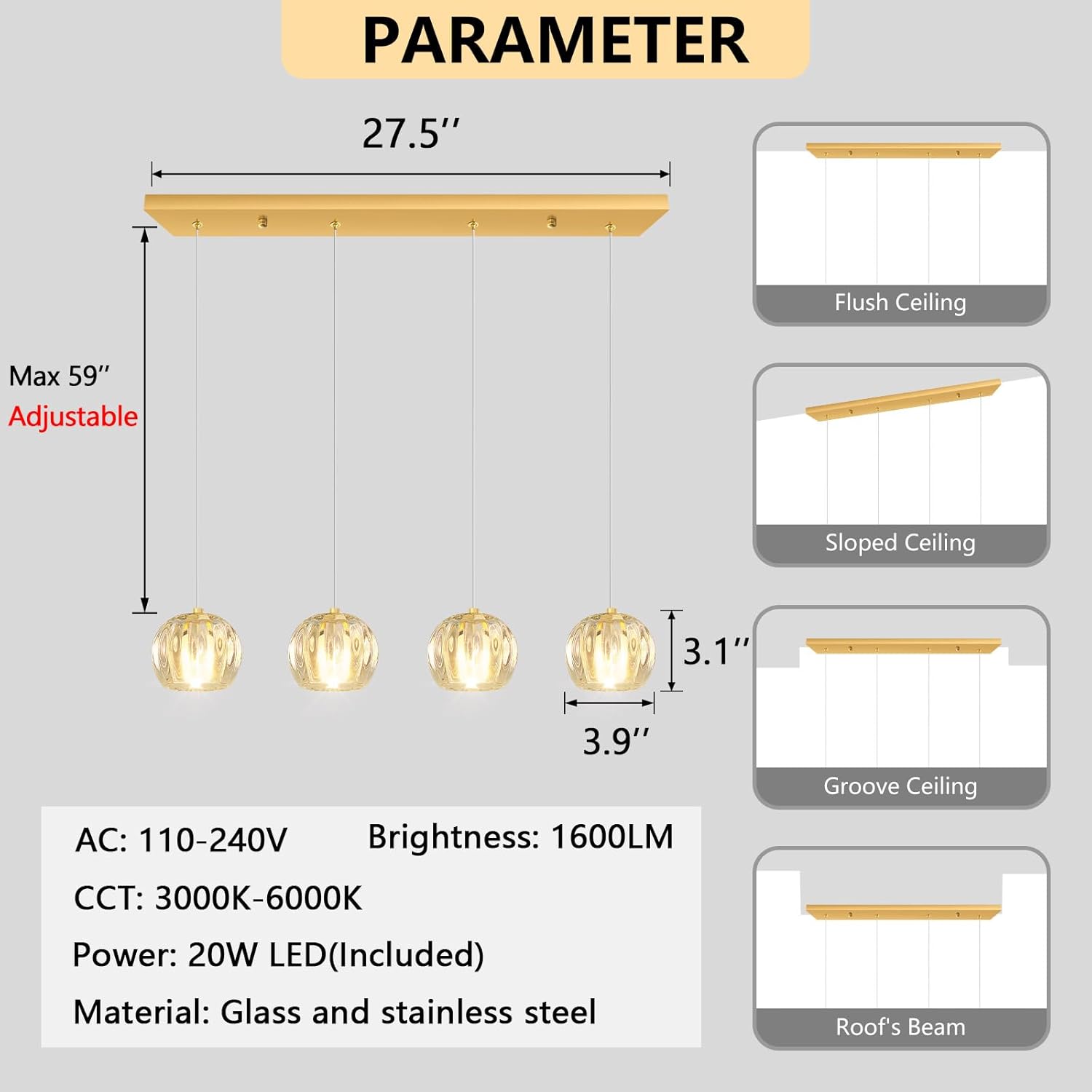 4 Light Globe Glass Rectangular Pendant Light Modern LED Dimmable Chandelier Adjustable Height Pendant Lights Fixtures for Kitchen Island Living Room Foyer Gold