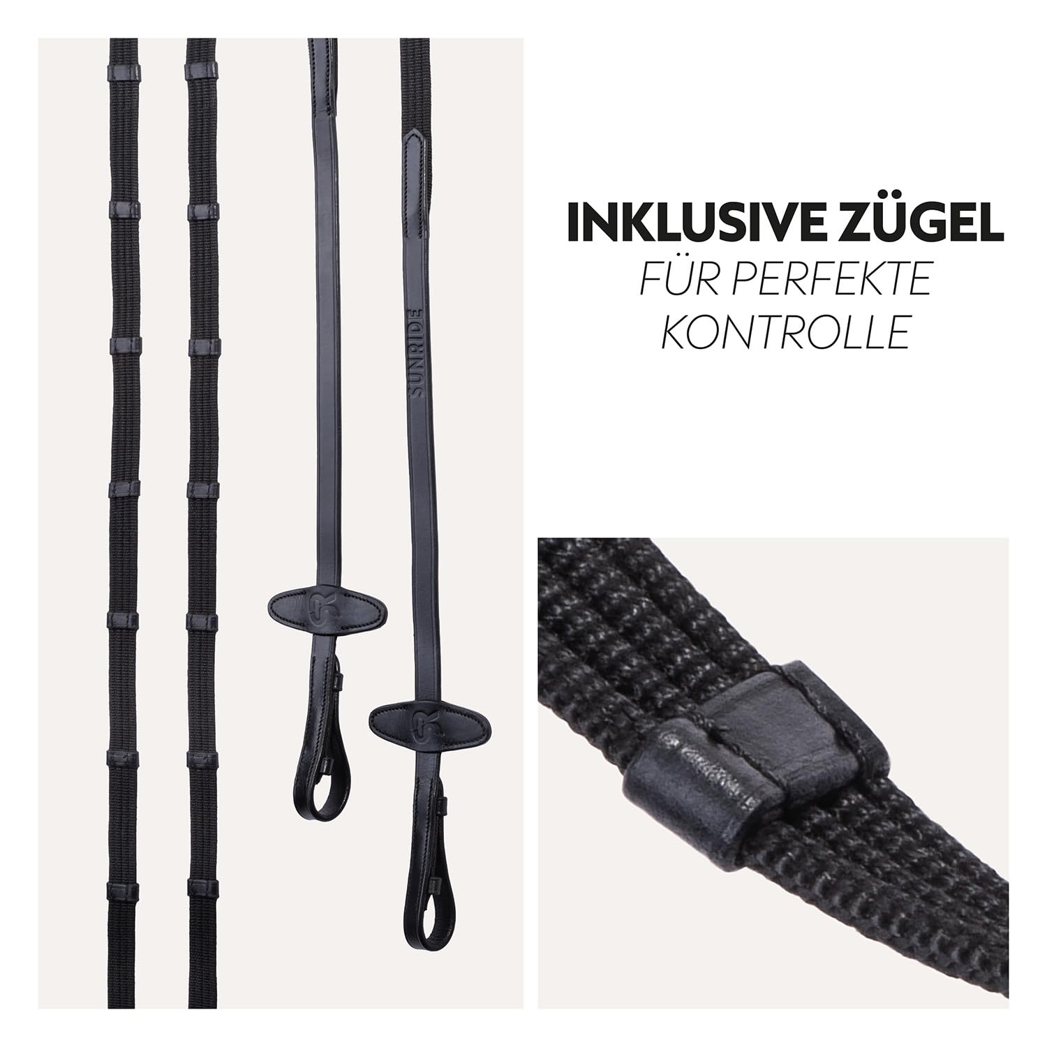 SUNRIDE Brida hannoveriana (Hannover) con riendas de Cuero Genuino Montar de Forma Relajada (COB, Negro)