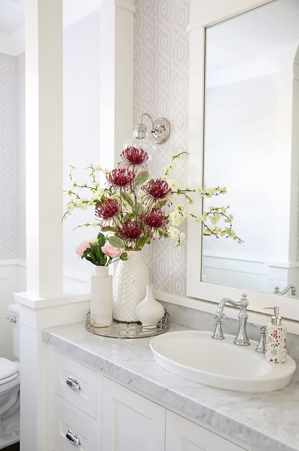 Hollyone 33" Red Artificial Mums Flowers Faux Chrysanthemum Flowers 2Pcs Spider Mum Flower Arrangement Spring Summer Pincushion Flower with 3 Heads Long Stem for Centerpiece Bouquet Home Decor - Image 4