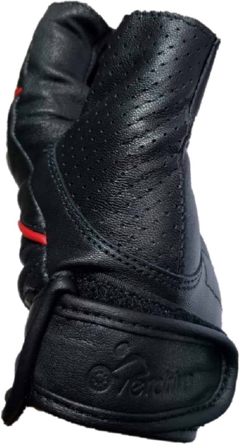 Men's Real Goatskin Leather Biker Trucker Cycle Work Half Finger Gloves with CE Armored Protective Knuckles and Padded Palms